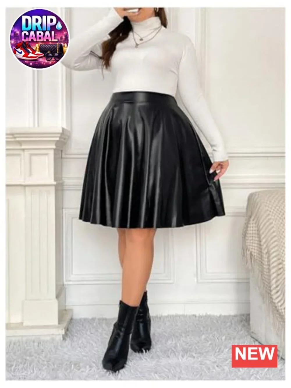Women's Plus Size PU Leather Pleated Skater Skirt High Waist Knee Length